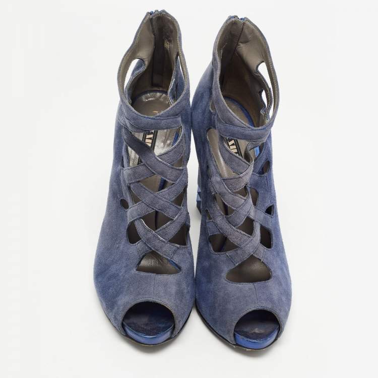 Pre Owned Le Silla Blue Suede Cut Out  Peep Toe Platform Ankle Boots Size 38.5