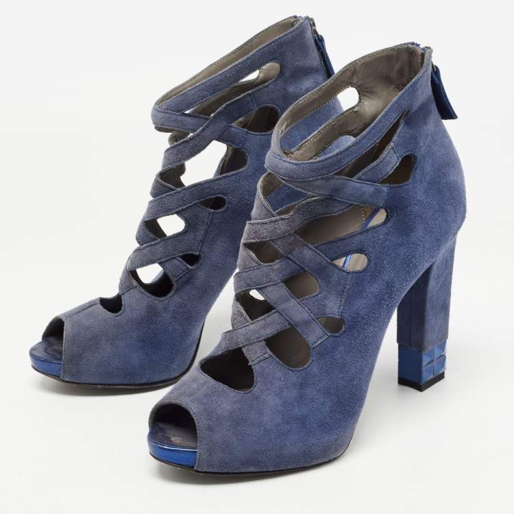 Pre Owned Le Silla Blue Suede Cut Out  Peep Toe Platform Ankle Boots Size 38.5