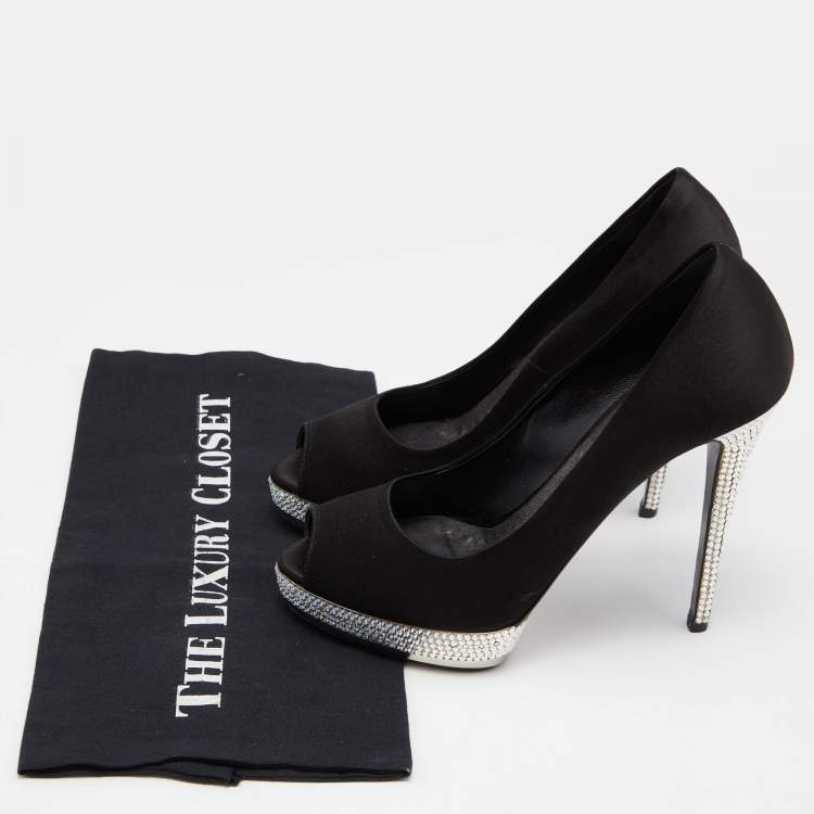 Pre Owned Le Silla Black Satin Crystal Embellished Platform Peep Toe Pumps Size 38 