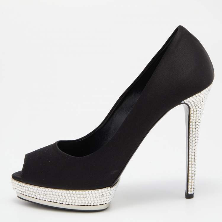 Pre Owned Le Silla Black Satin Crystal Embellished Platform Peep Toe Pumps Size 38 