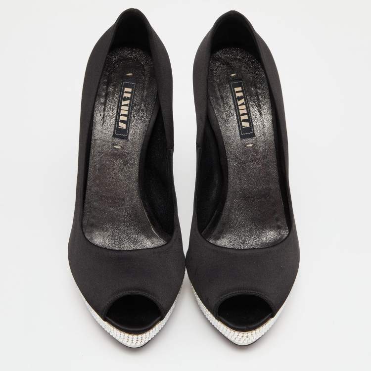 Pre Owned Le Silla Black Satin Crystal Embellished Platform Peep Toe Pumps Size 38 