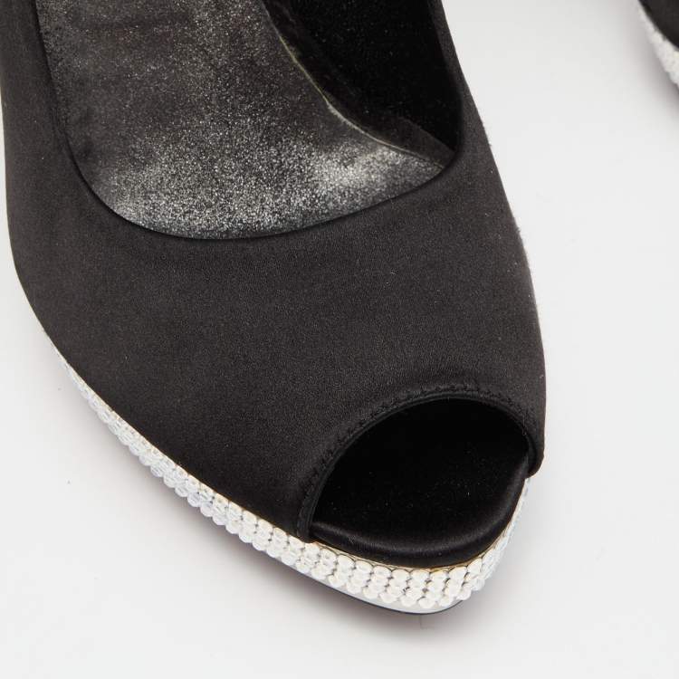 Pre Owned Le Silla Black Satin Crystal Embellished Platform Peep Toe Pumps Size 38 