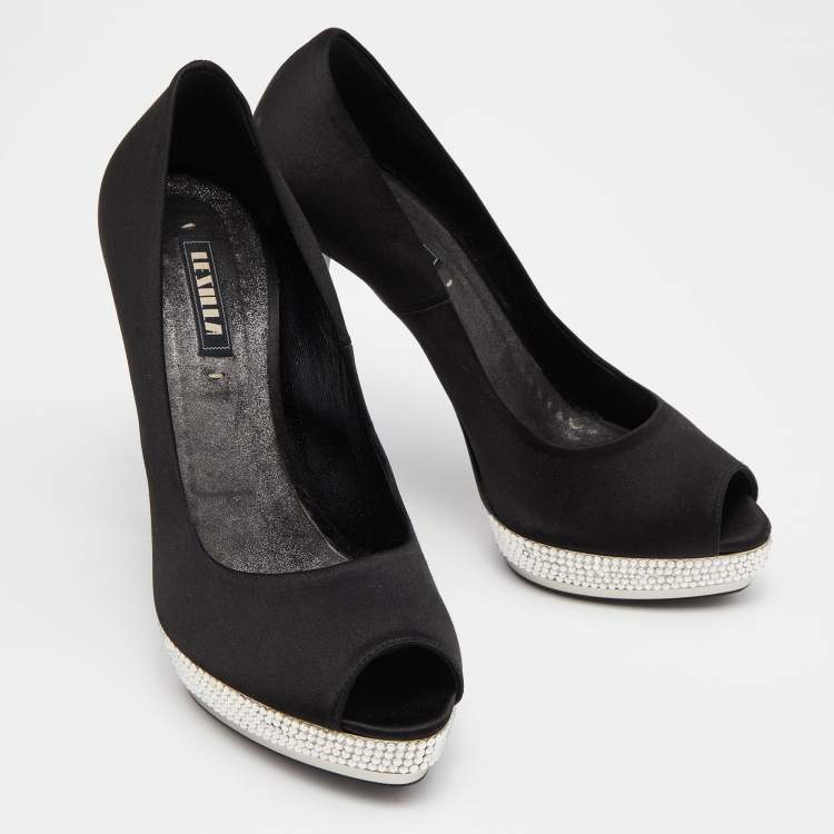 Pre Owned Le Silla Black Satin Crystal Embellished Platform Peep Toe Pumps Size 38 