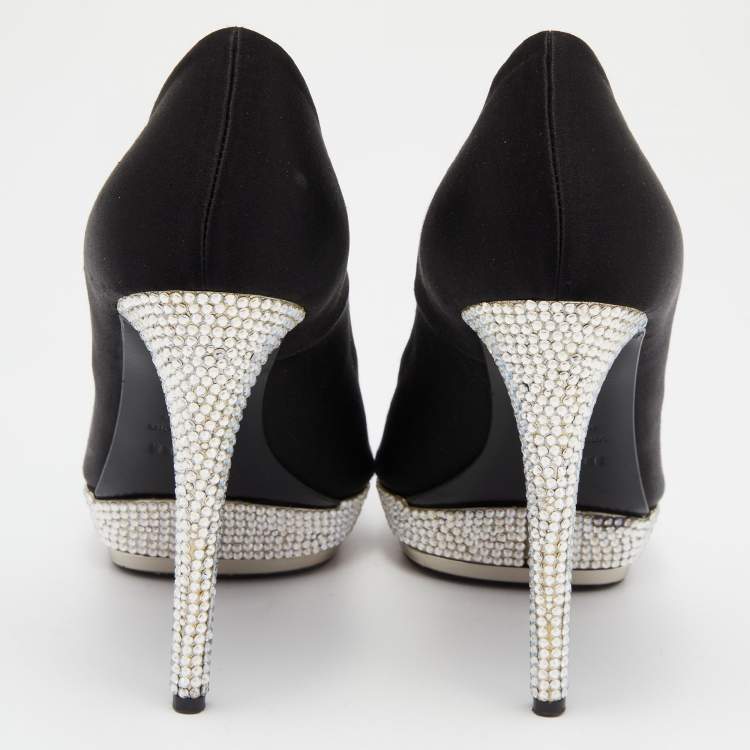 Pre Owned Le Silla Black Satin Crystal Embellished Platform Peep Toe Pumps Size 38 