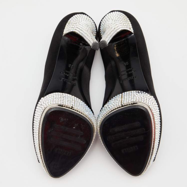 Pre Owned Le Silla Black Satin Crystal Embellished Platform Peep Toe Pumps Size 38 