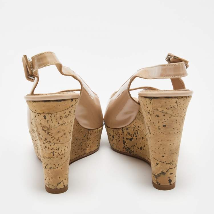 Pre Owned Le Silla Beige Patent Leather Cork Wedge Peep Toe Slingback Sandals Size 39