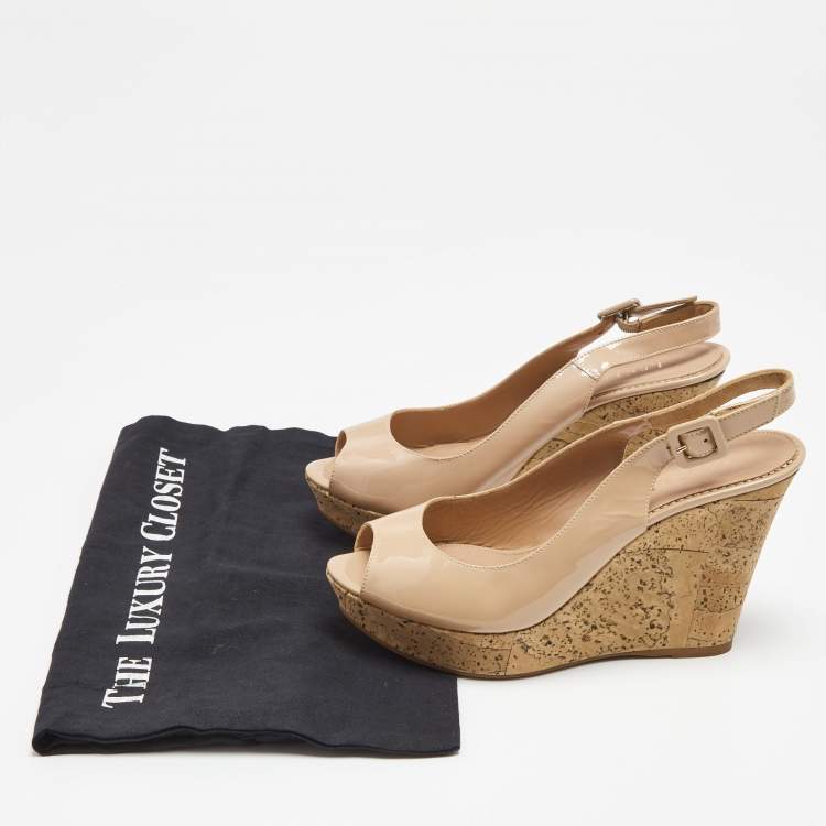 Pre Owned Le Silla Beige Patent Leather Cork Wedge Peep Toe Slingback Sandals Size 39