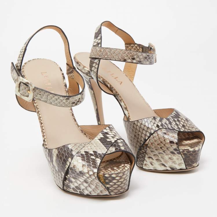 Pre Owned Le Silla Two Tone Python Embossed Leather Ankle Strap Sandals Size 37.5
