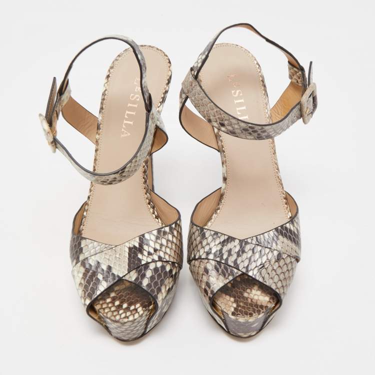 Pre Owned Le Silla Two Tone Python Embossed Leather Ankle Strap Sandals Size 37.5
