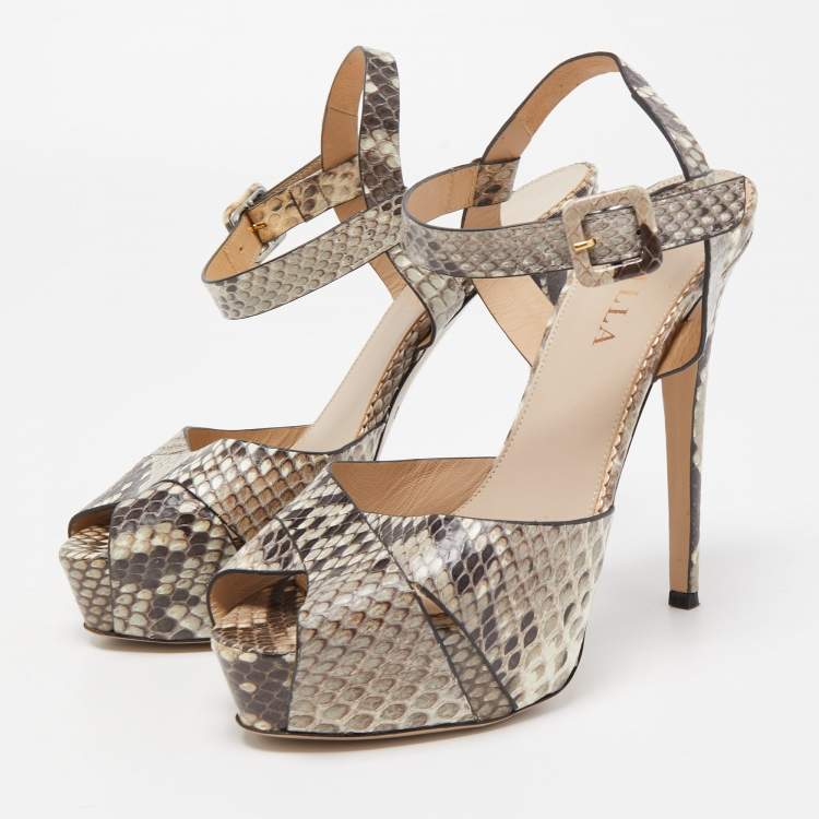 Pre Owned Le Silla Two Tone Python Embossed Leather Ankle Strap Sandals Size 37.5