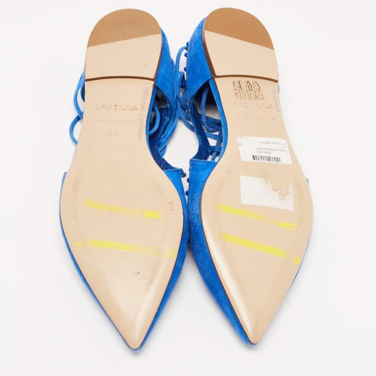 Pre Owned Le Silla Blue Suede Beaded Ankle Tie Ballet Flats Size 37.5