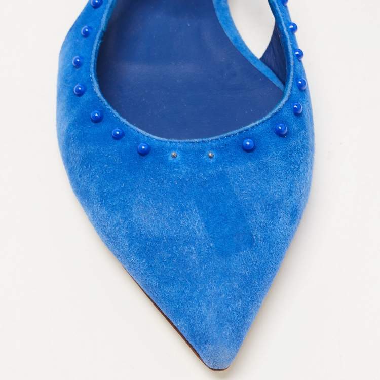 Pre Owned Le Silla Blue Suede Beaded Ankle Tie Ballet Flats Size 37.5