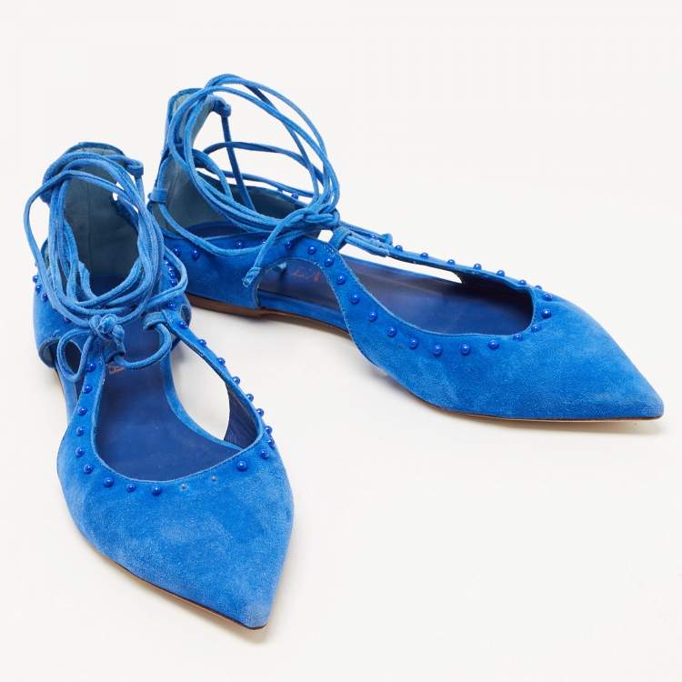 Pre Owned Le Silla Blue Suede Beaded Ankle Tie Ballet Flats Size 37.5