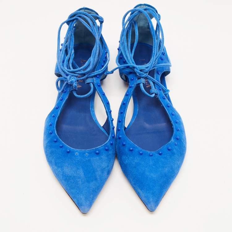 Pre Owned Le Silla Blue Suede Beaded Ankle Tie Ballet Flats Size 37.5