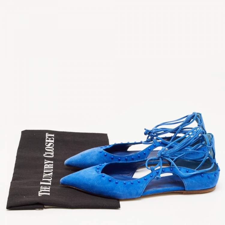Pre Owned Le Silla Blue Suede Beaded Ankle Tie Ballet Flats Size 37.5
