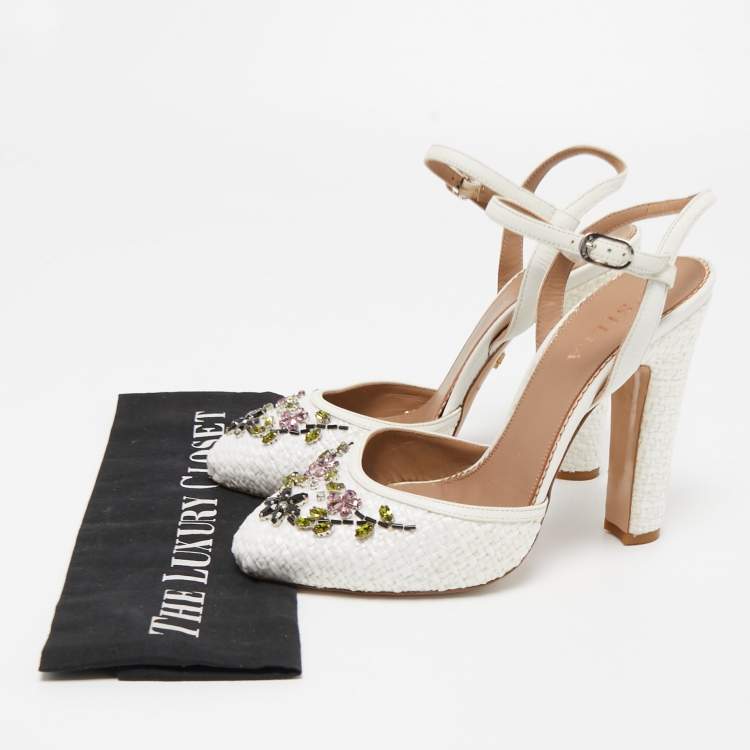 Pre Owned Le Silla White Woven Straw Leather Crystal Embellished Ankle Strap Sandals Size 40
