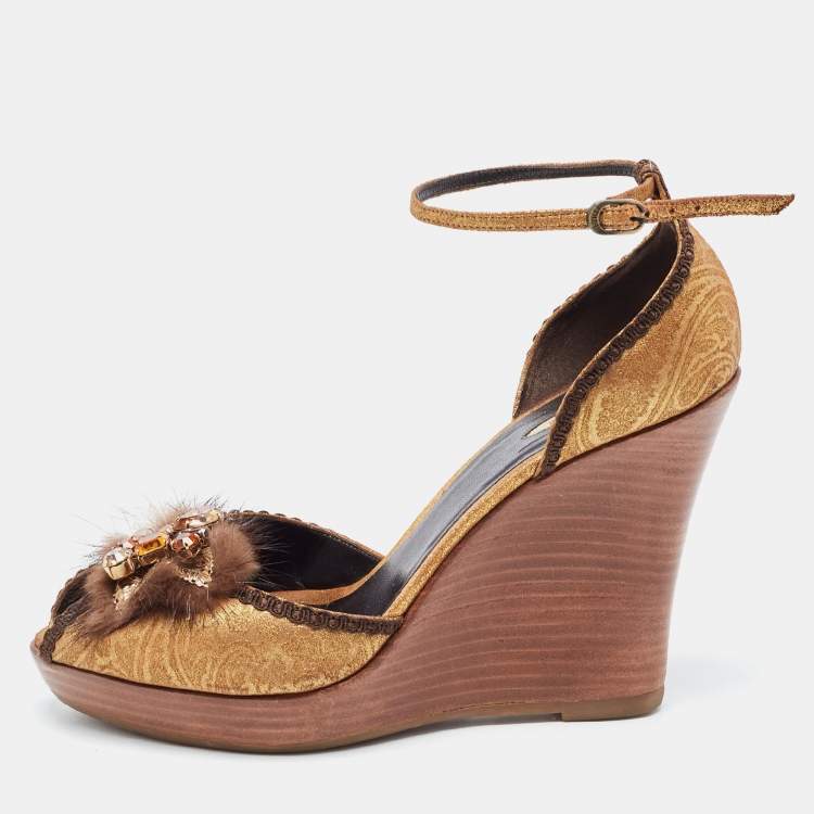 Pre Owned Le Silla Gold Textured Suede Fur Crystal Embellished Peep Toe Wedge Platform Ankle Strap Sandals Size 39