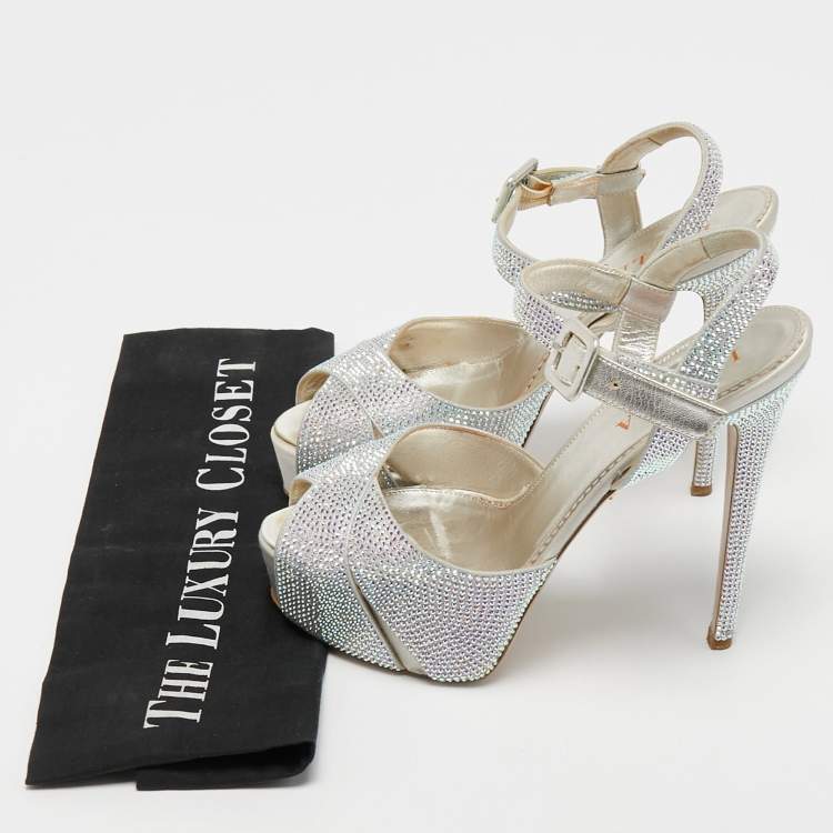Pre Owned Le Silla Silver Crystal Embellished Cross Strap Platform Ankle Strap Sandals Size 37