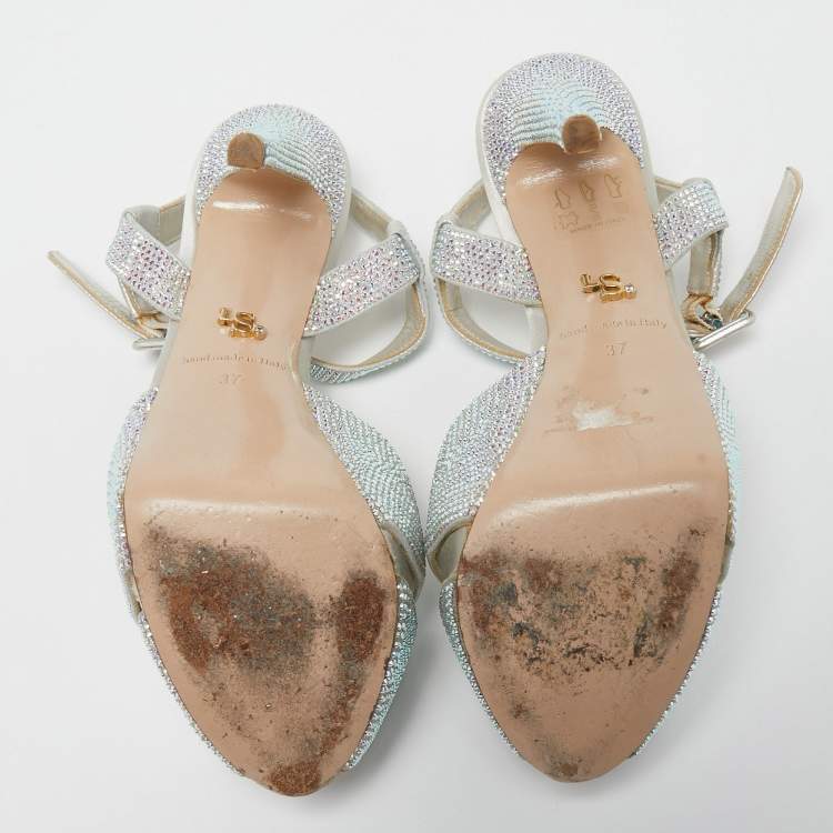 Pre Owned Le Silla Silver Crystal Embellished Cross Strap Platform Ankle Strap Sandals Size 37