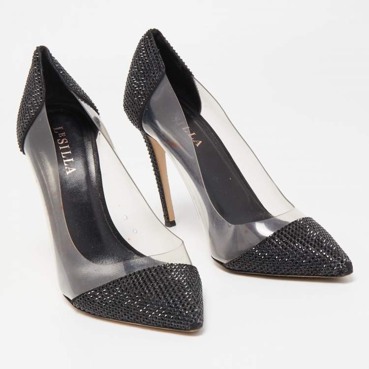 Pre Owned Le Silla Black Crystal Embellished Leather and PVC Pointed Toe Pumps Size 40