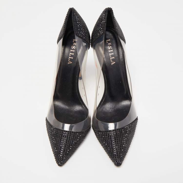 Pre Owned Le Silla Black Crystal Embellished Leather and PVC Pointed Toe Pumps Size 40