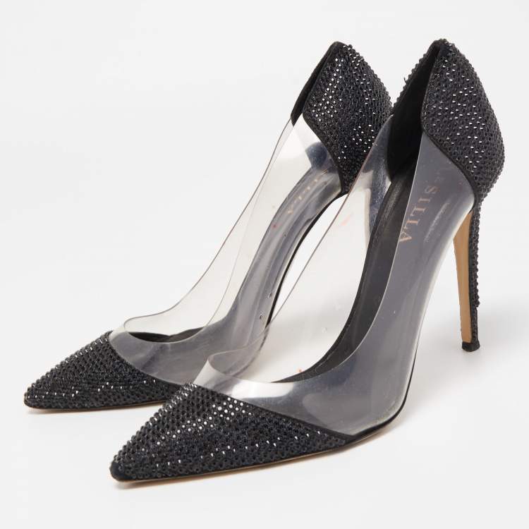 Pre Owned Le Silla Black Crystal Embellished Leather and PVC Pointed Toe Pumps Size 40