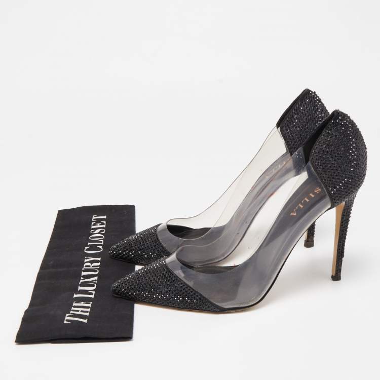 Pre Owned Le Silla Black Crystal Embellished Leather and PVC Pointed Toe Pumps Size 40