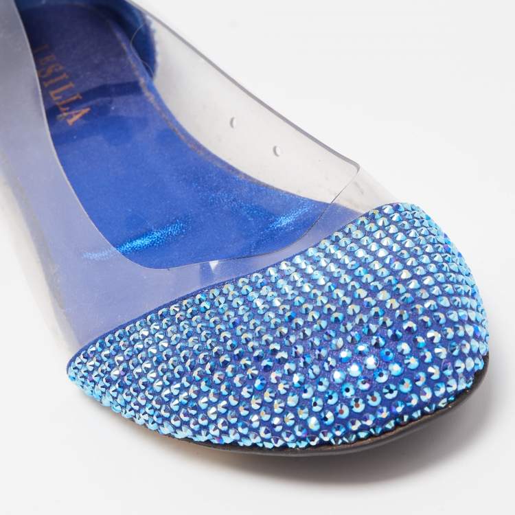 Pre Owned Le Silla Blue PVC Crystal Embellished Ballet Flats Size 39