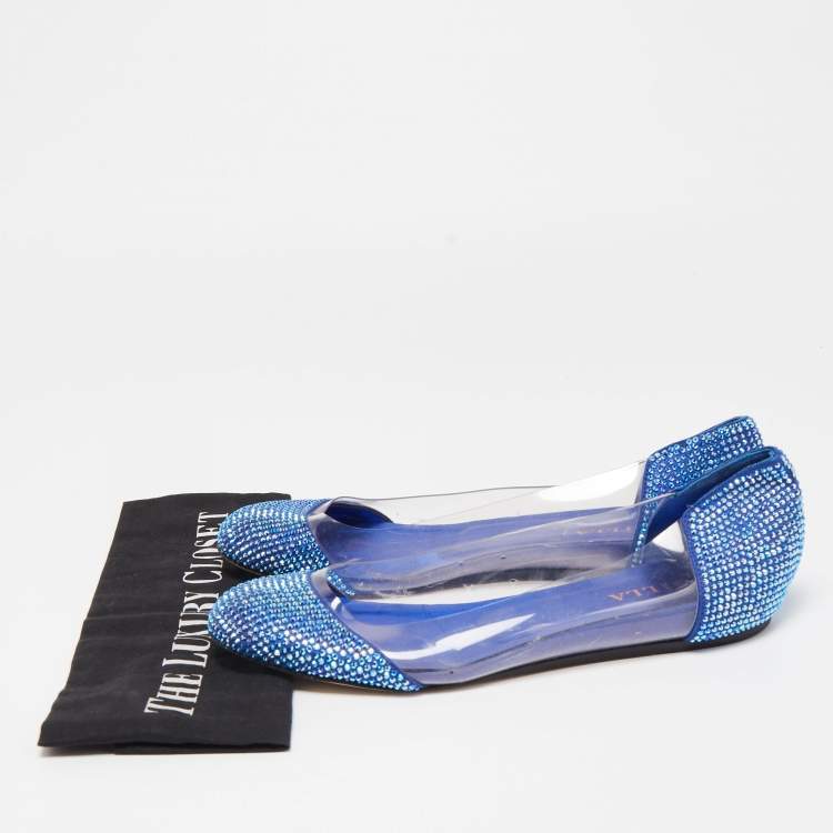 Pre Owned Le Silla Blue PVC Crystal Embellished Ballet Flats Size 39