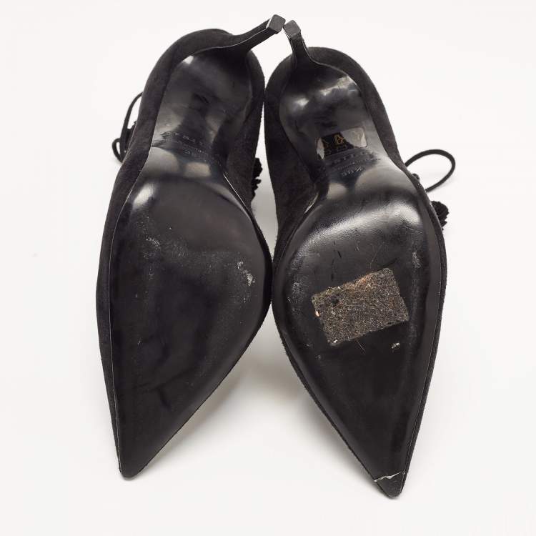Pre Owned Le Silla Black Suede Lace Up Pointed Toe Ankle Booties 38.5