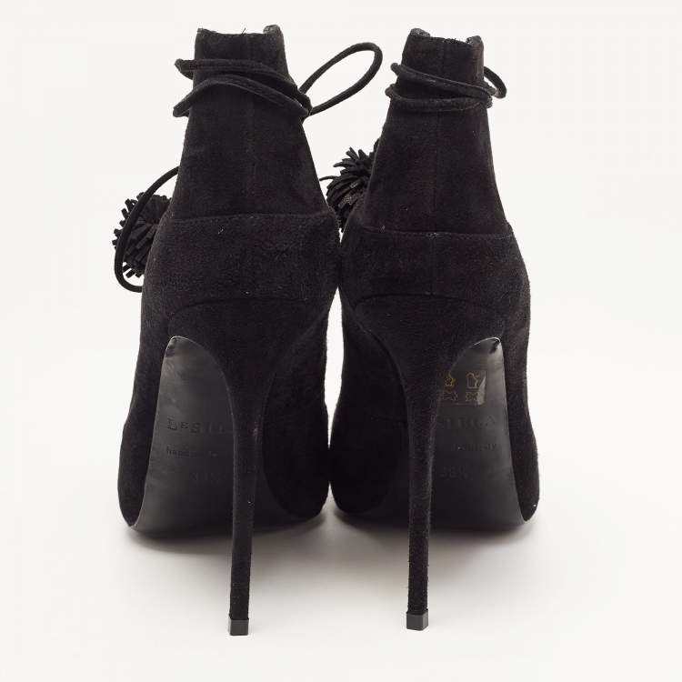 Pre Owned Le Silla Black Suede Lace Up Pointed Toe Ankle Booties 38.5