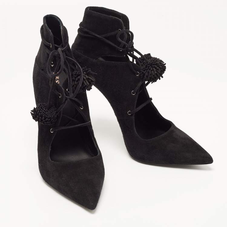 Pre Owned Le Silla Black Suede Lace Up Pointed Toe Ankle Booties 38.5