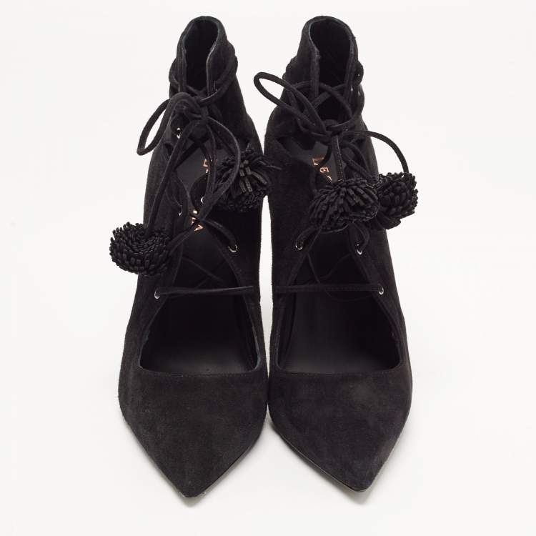 Pre Owned Le Silla Black Suede Lace Up Pointed Toe Ankle Booties 38.5