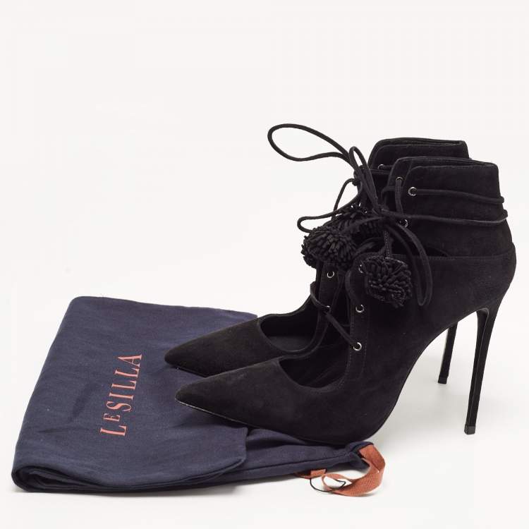 Pre Owned Le Silla Black Suede Lace Up Pointed Toe Ankle Booties 38.5