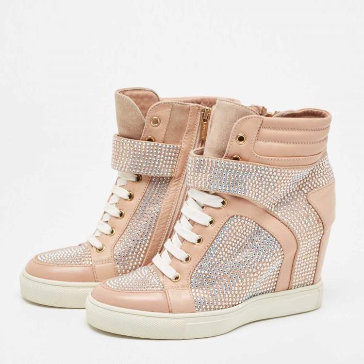 Pre Owned Le Silla Pink Crystal Embellished Leather Burma Wedge Sneakers Size 37