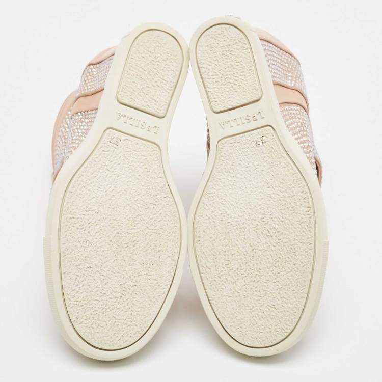 Pre Owned Le Silla Pink Crystal Embellished Leather Burma Wedge Sneakers Size 37