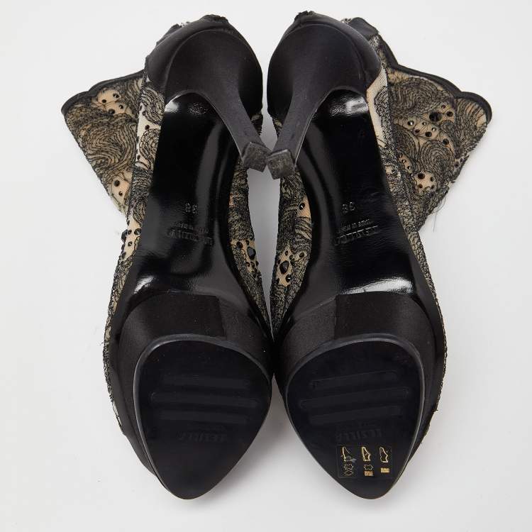 Pre Owned Le Silla Black/Beige Embellished Mesh Peep Toe Platform Ankle Booties Size 38
