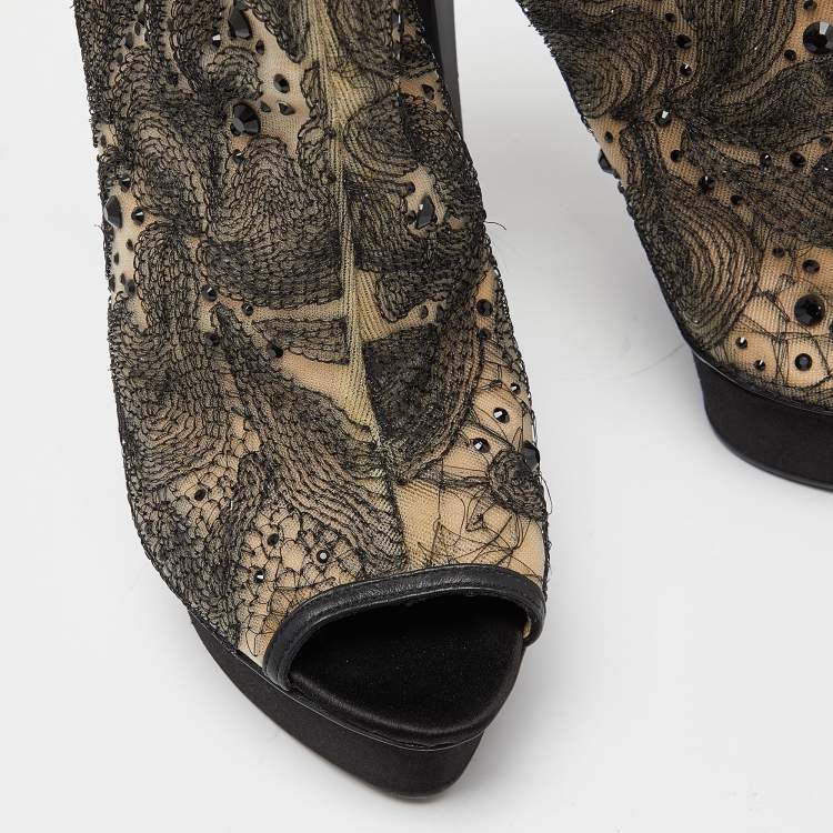 Pre Owned Le Silla Black/Beige Embellished Mesh Peep Toe Platform Ankle Booties Size 38