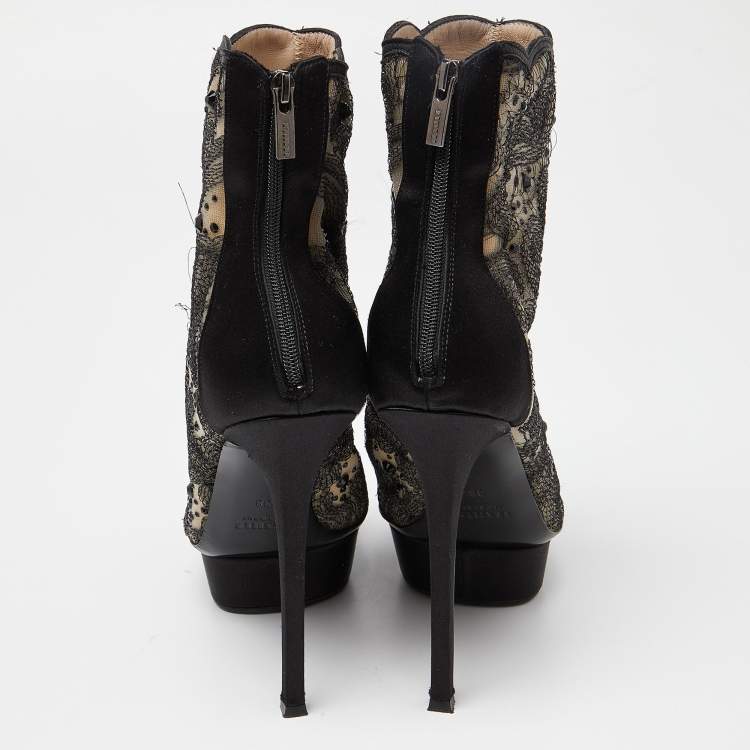 Pre Owned Le Silla Black/Beige Embellished Mesh Peep Toe Platform Ankle Booties Size 38