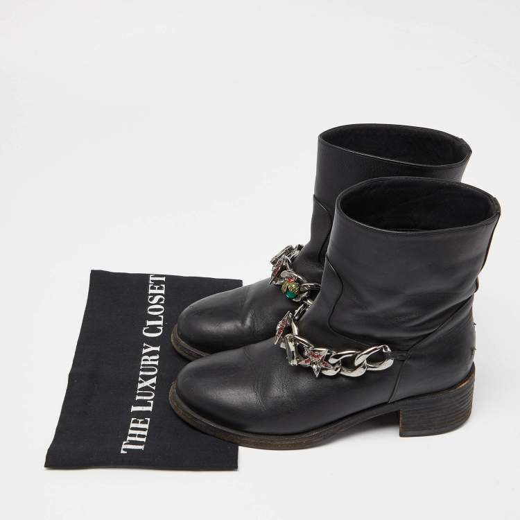 Pre Owned Le Silla Black Leather Embellished Chain Ankle Boots Size 37.5