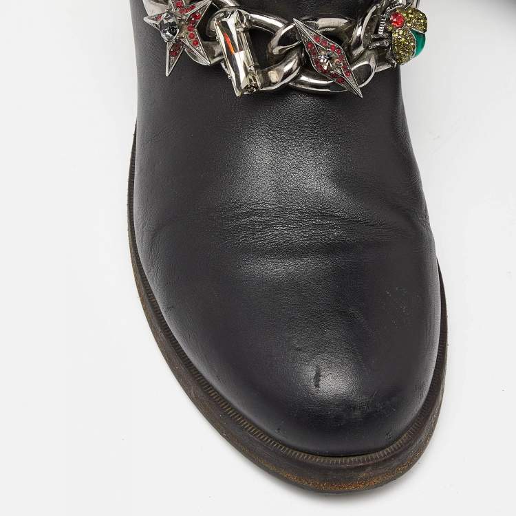 Pre Owned Le Silla Black Leather Embellished Chain Ankle Boots Size 37.5