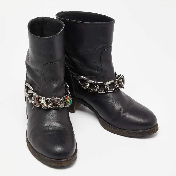 Pre Owned Le Silla Black Leather Embellished Chain Ankle Boots Size 37.5