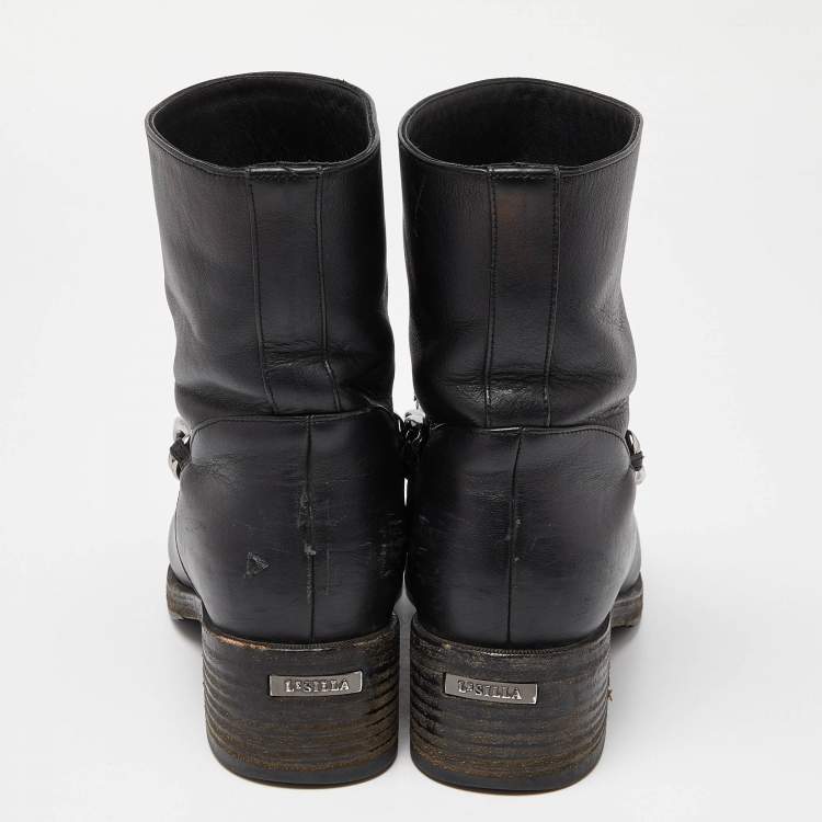 Pre Owned Le Silla Black Leather Embellished Chain Ankle Boots Size 37.5