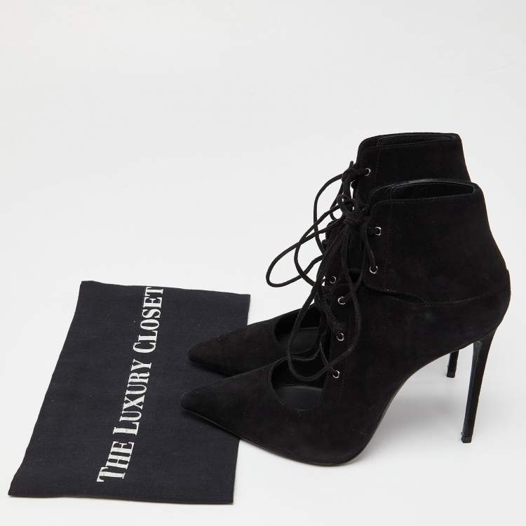 Pre Owned Le Silla Black Suede Lace Up Pointed Toe Ankle Booties 37