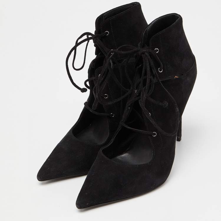 Pre Owned Le Silla Black Suede Lace Up Pointed Toe Ankle Booties 37