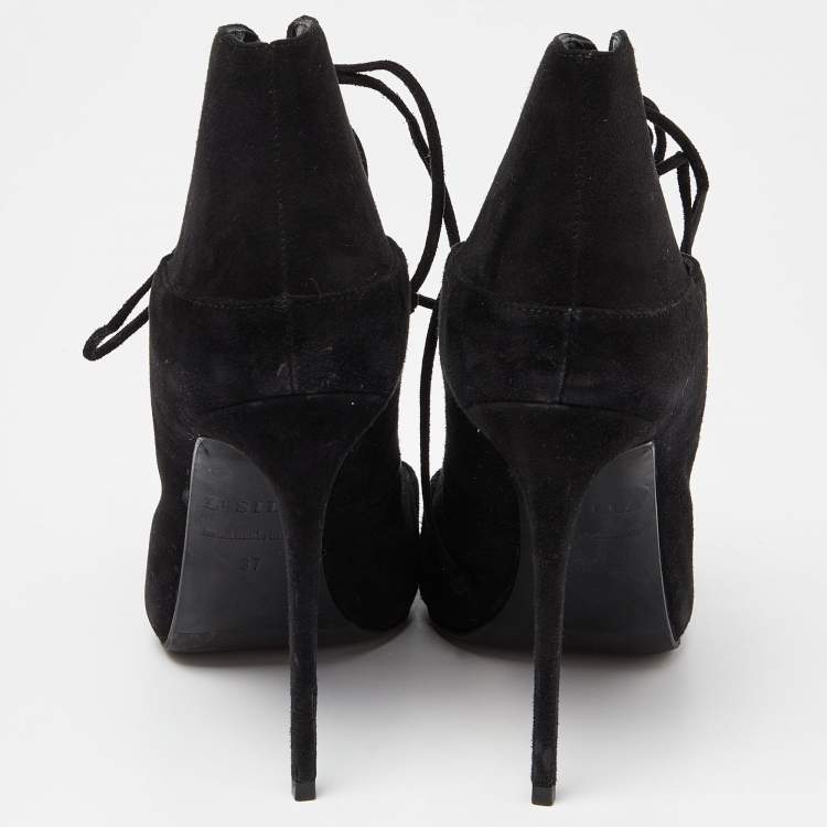 Pre Owned Le Silla Black Suede Lace Up Pointed Toe Ankle Booties 37