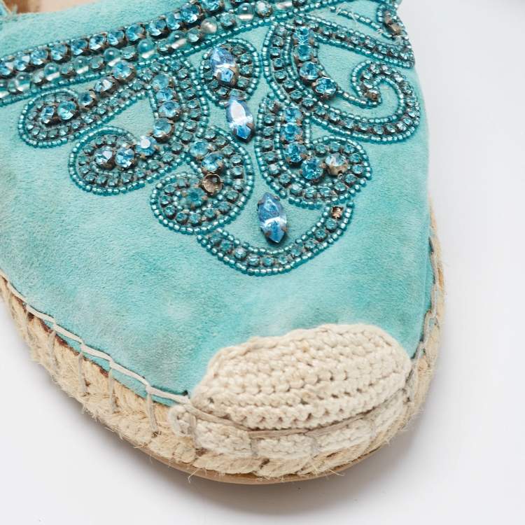Pre Owned Le Silla Turquoise Suede and Leather Crystal Embellished Espadrille Flats Size 39