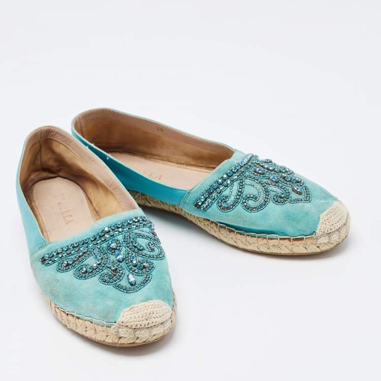 Pre Owned Le Silla Turquoise Suede and Leather Crystal Embellished Espadrille Flats Size 39