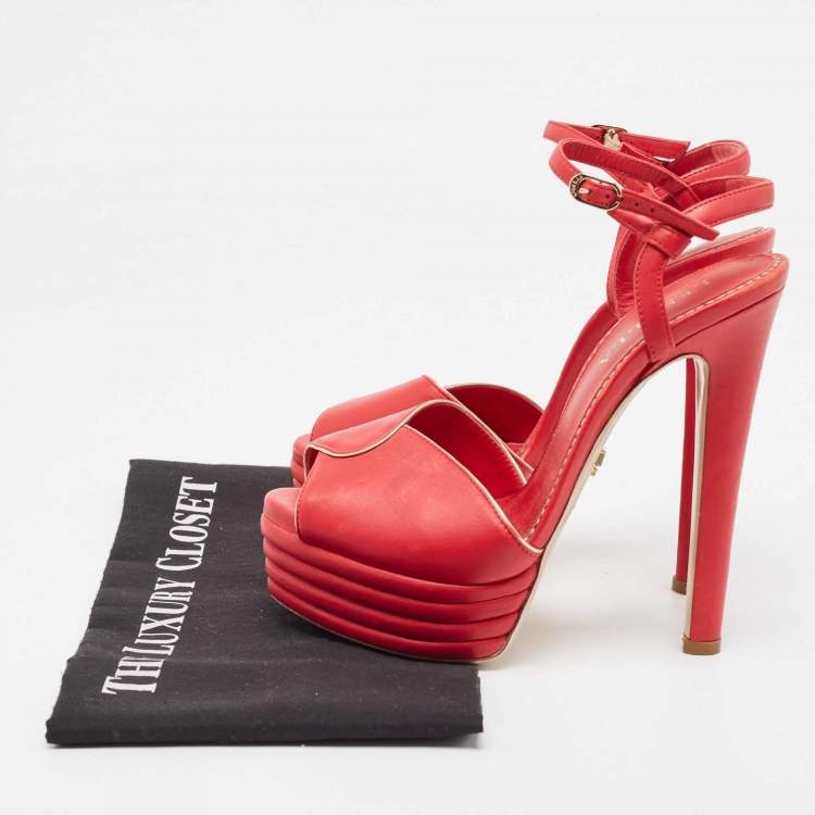 Pre Owned Le Silla Red Leather Peep Toe Platform Ankle Strap Sandals Size 37