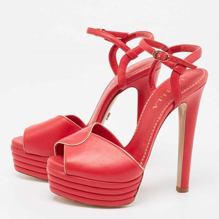 Pre Owned Le Silla Red Leather Peep Toe Platform Ankle Strap Sandals Size 37